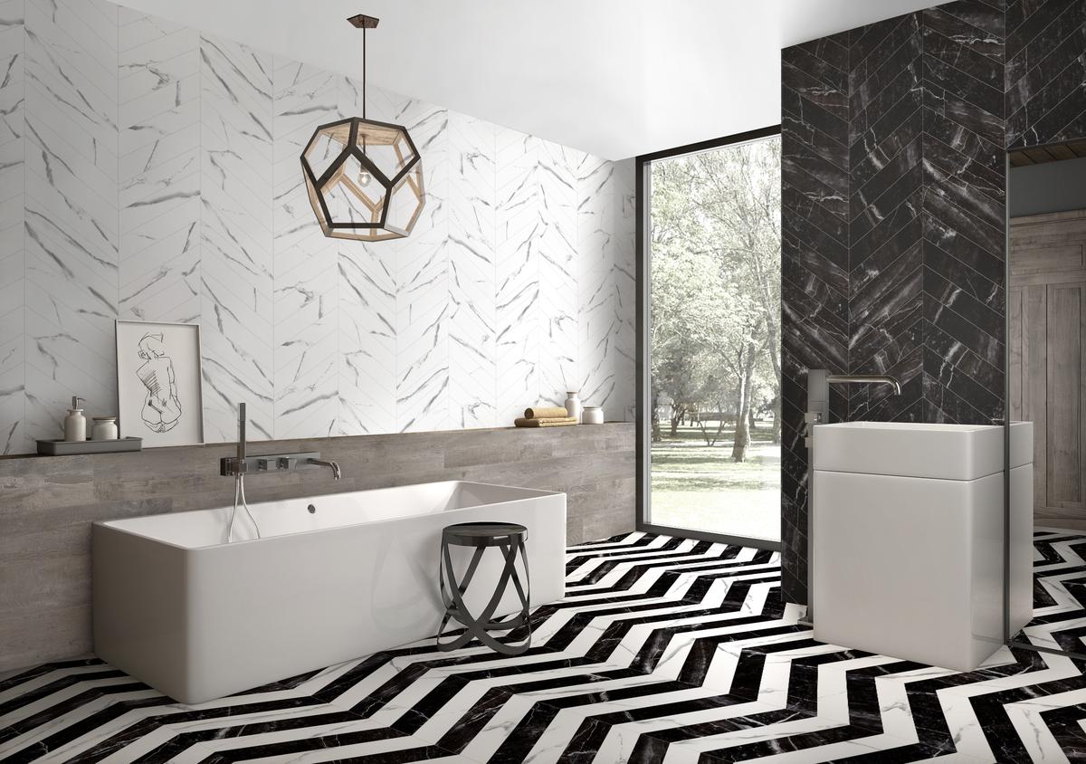 Wzór jodełki w łazience - Azario Chevron Marquina i Carrara White Mat.